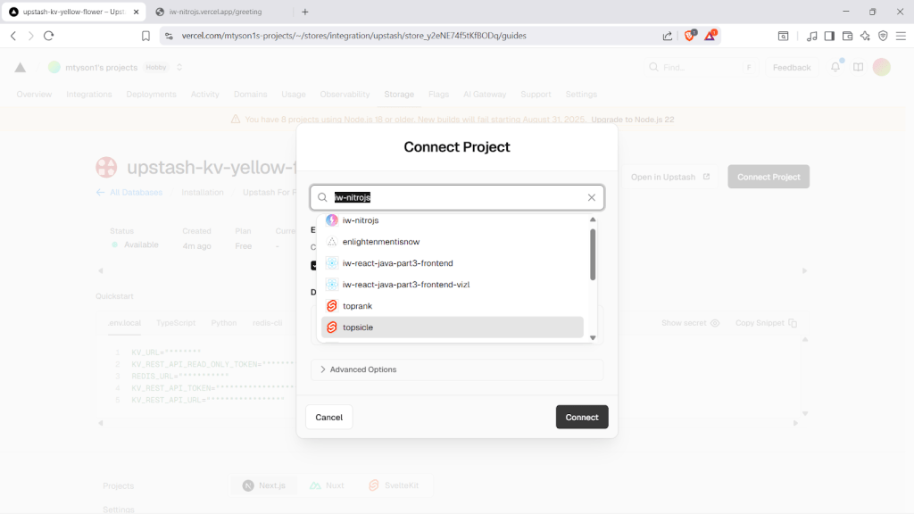 Selecionando o projeto Nitro em uma lista suspensa.