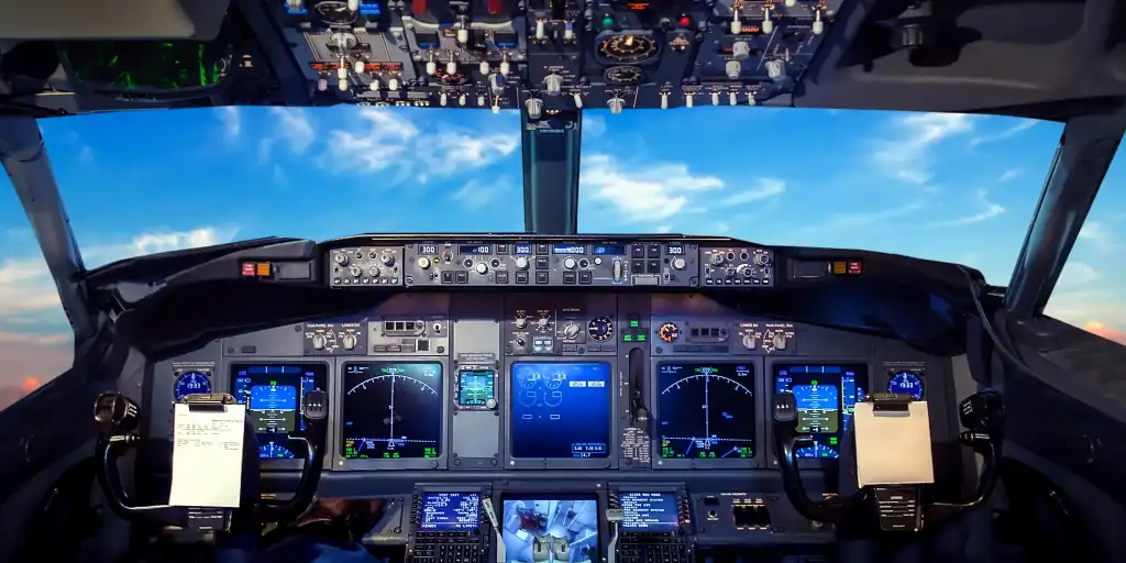 Jet airplane cockpit flight controls flight display instrumentation panel pilot view with cloudy blue sky ahead