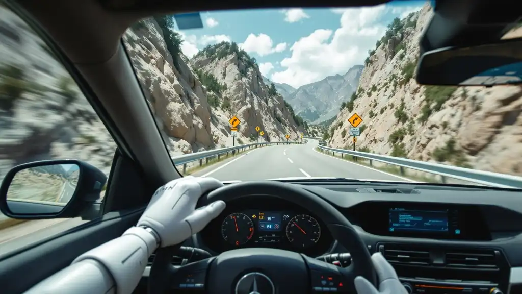 photo illustration of AI robot driving a car with guardrails