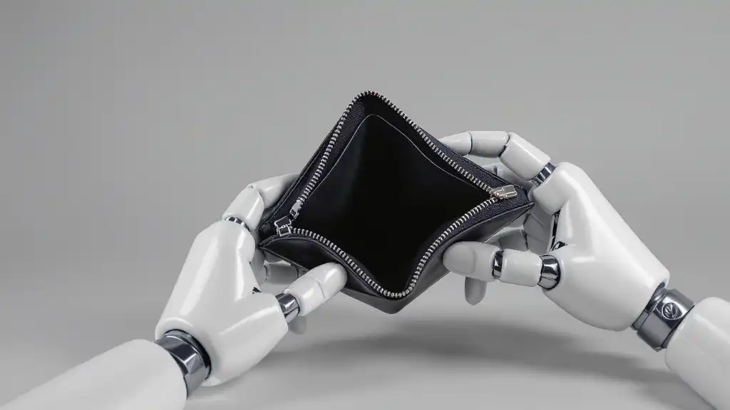 Modern, stylish still life photo of white plastic humanoid robot hands opening an empty wallet, getting across the idea of lower ai spending. flat color background with studio lighting, subtle shadows, dull colors