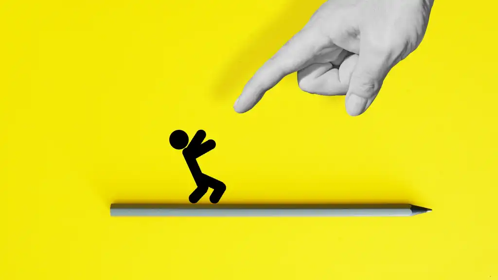 2330214811 Depressed panic man fears of giant pointing finger blame him for mistake. Bullying and abusing.