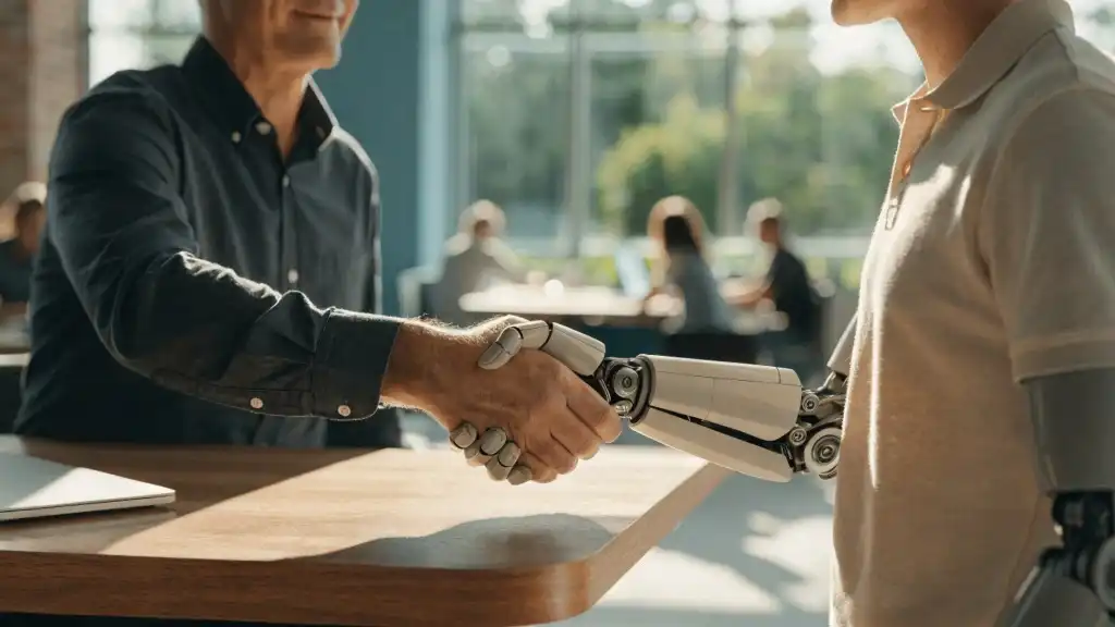 image of a male executive shaking hands with a colleague who is an agentic robot