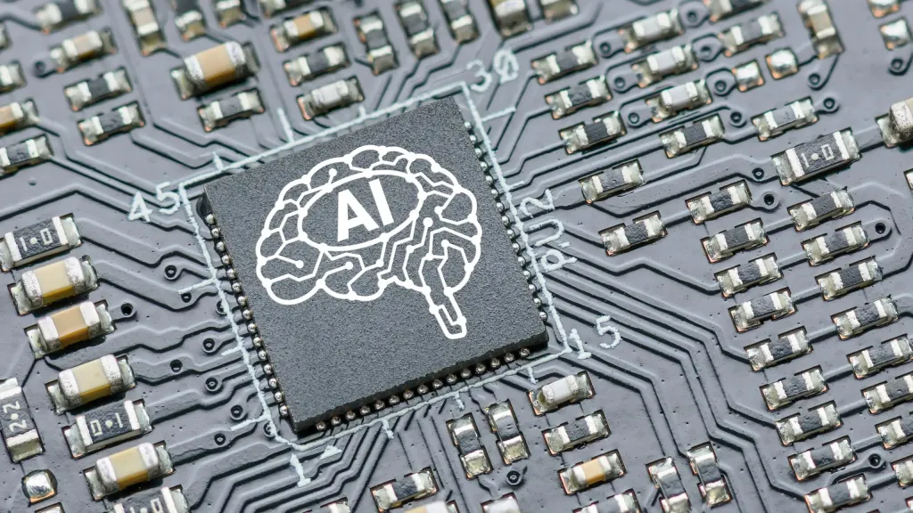 Artificial intelligence AI chip on a circuit board illustration