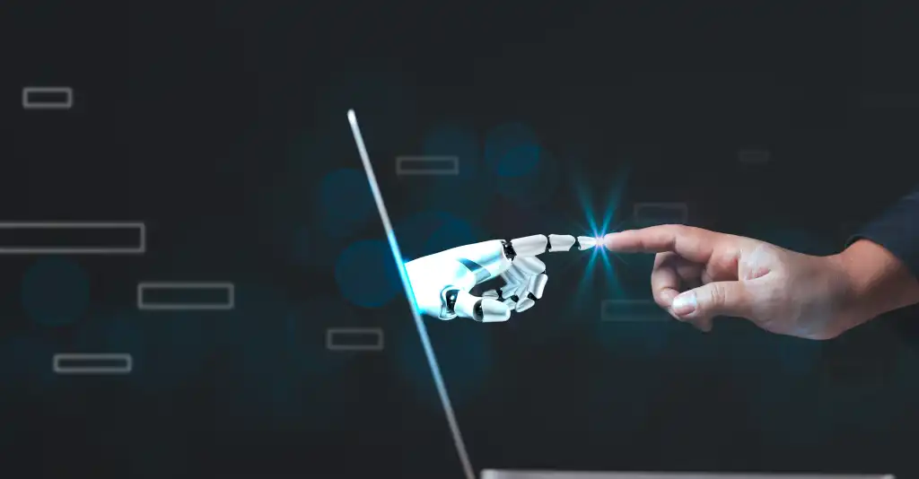 touches a screen showing a robot’s hand, highlighting human-robot interaction, agentic AI integration, and the development of advanced AI systems to enhance intelligent automation