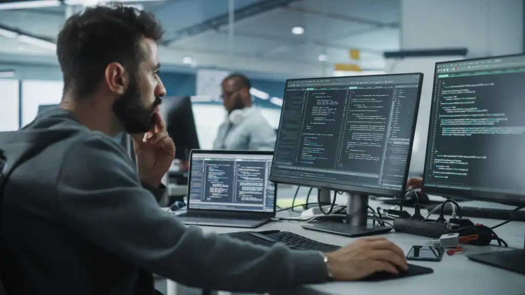 Diverse Office: Enthusiastic White IT Programmer Working on Desktop Computer. Male Specialist Creating Innovative Software. Engineer Developing App, Program, Video Game. Writing Code in Terminal