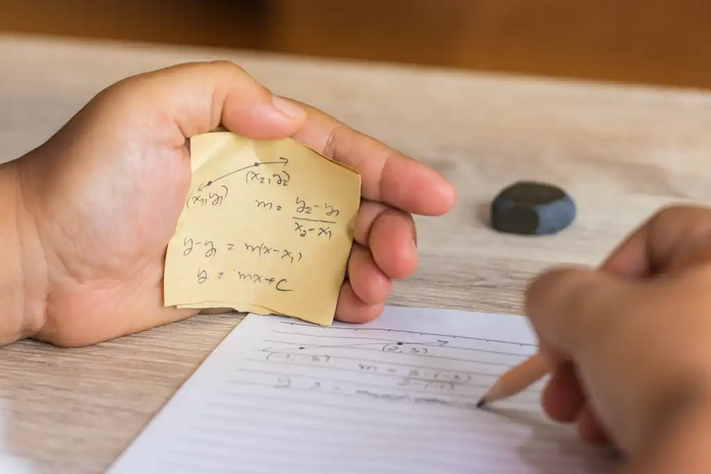 Man using formula math sheet to cheat on test. Hand of university student holding pencil doing math question in examination and cheating with answer piece of paper in hand