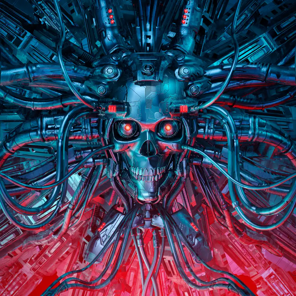 evil robotic face with wires streaming out